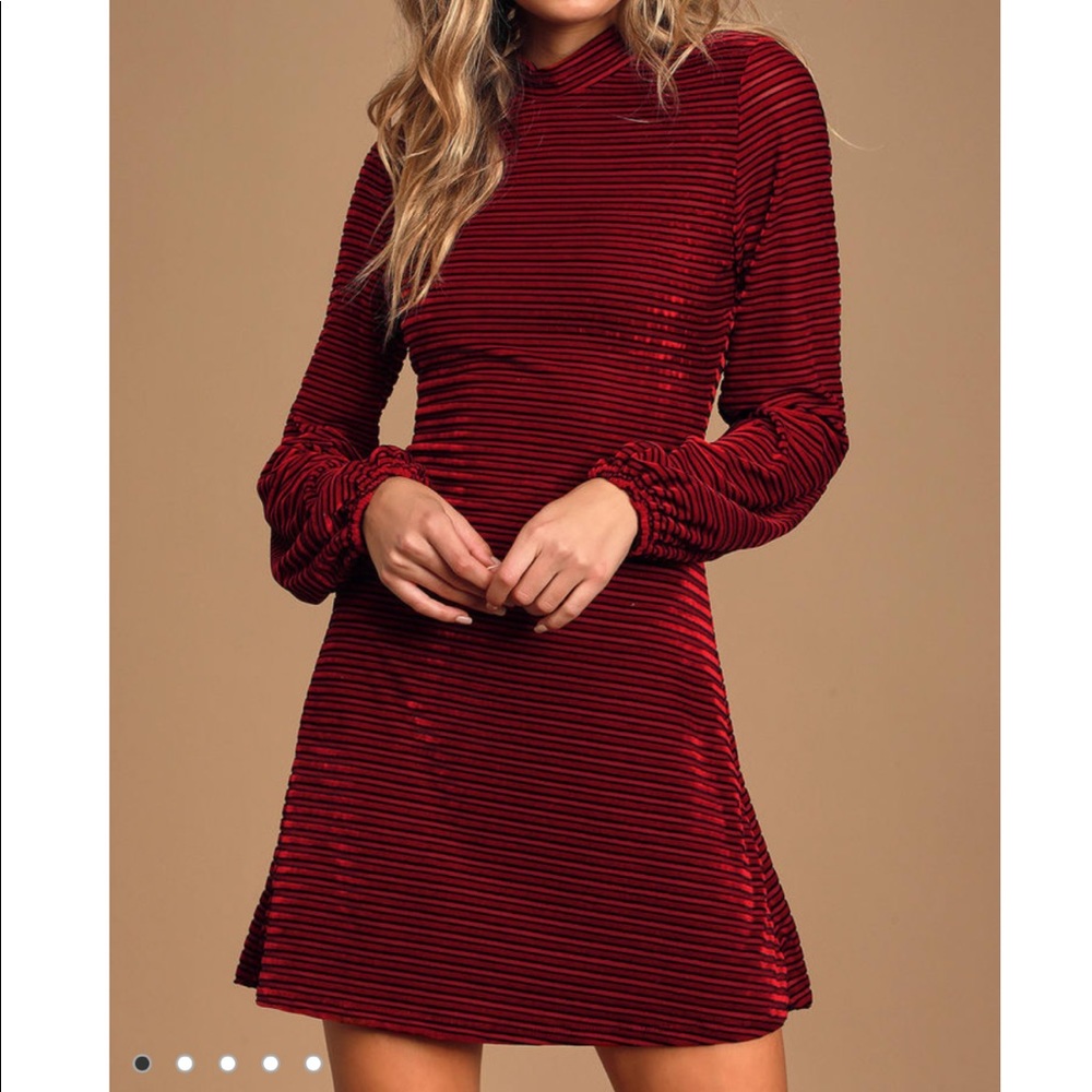 Lulus Burgundy Striped Velvet Balloon Sleeve Dress